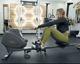 A person using the Sunny Health & Fitness SF-RW5801.