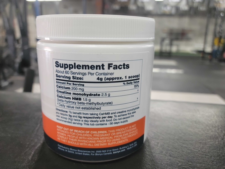 Supplement facts label on Blonyx HMB+ Creatine