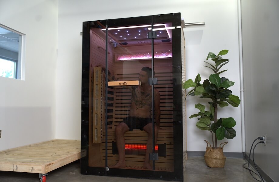 Our tester enjoying a recovery session in the Relaxe Caldera Infrared Sauna