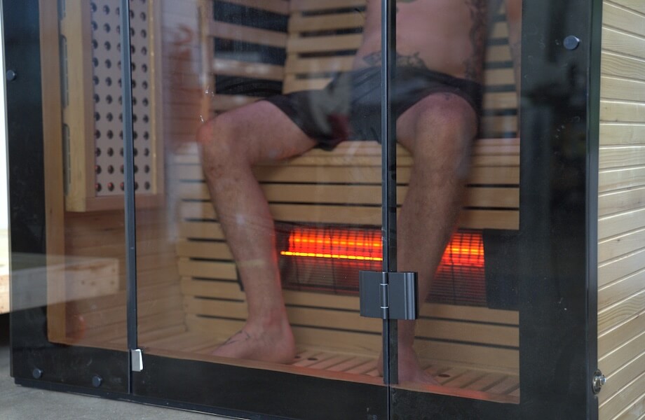 The calf-height heater featured below the bench seating of the Relaxe Caldera Infrared Sauna