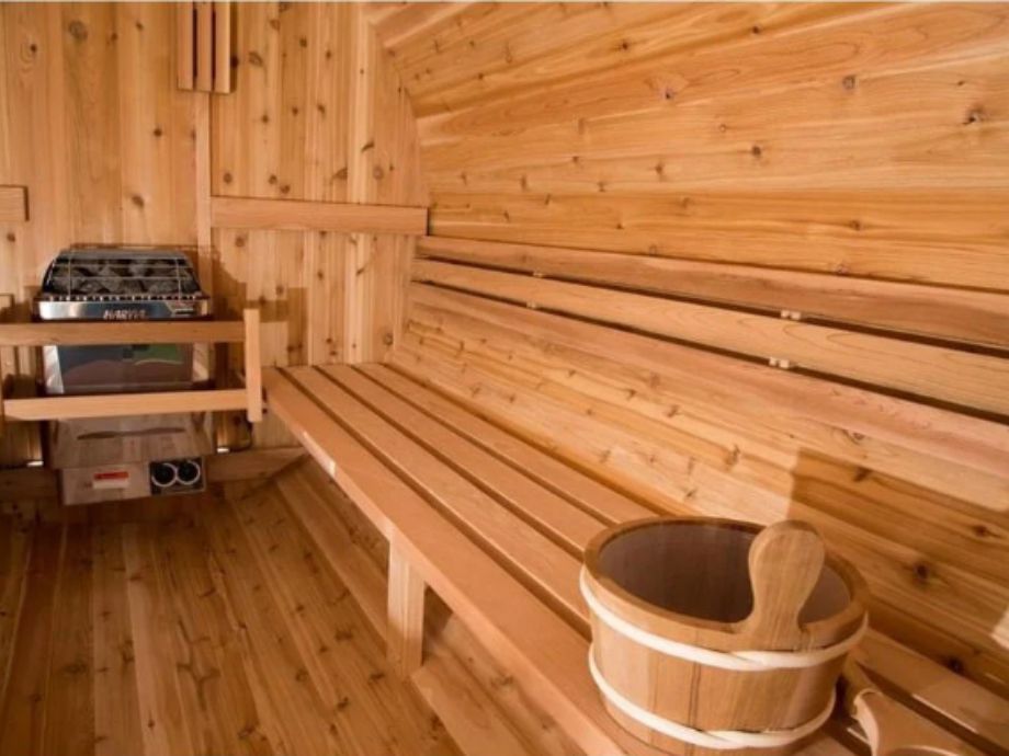 The interior of the Almost Heaven Morgan Barrel Sauna