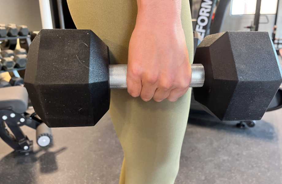 A person holding a pair of Iron Bull Rubber Hex Dumbbells.