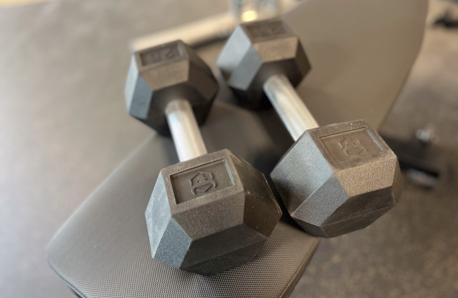 A pair of Iron Bull Rubber Hex Dumbbells.