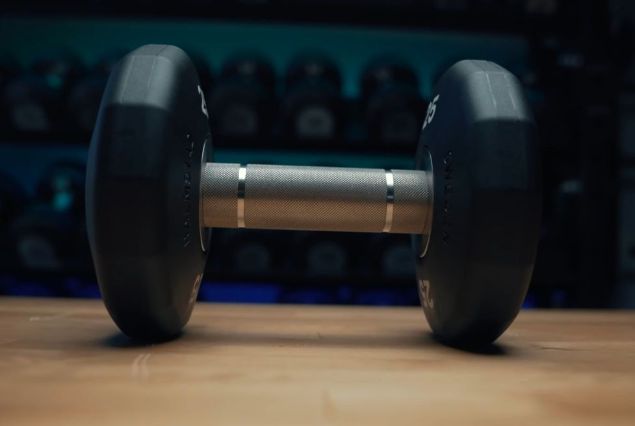 A single Eleiko Evo Dumbbell on a table.