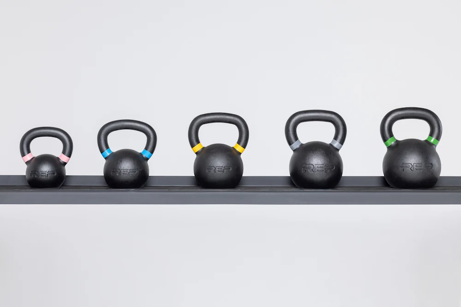 A range of REP Fitness Kettlebells at different weights.