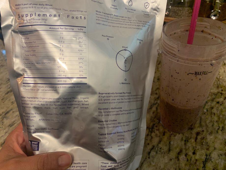 A bag of Ritual Protein Powder with the Supplement Facts label showing