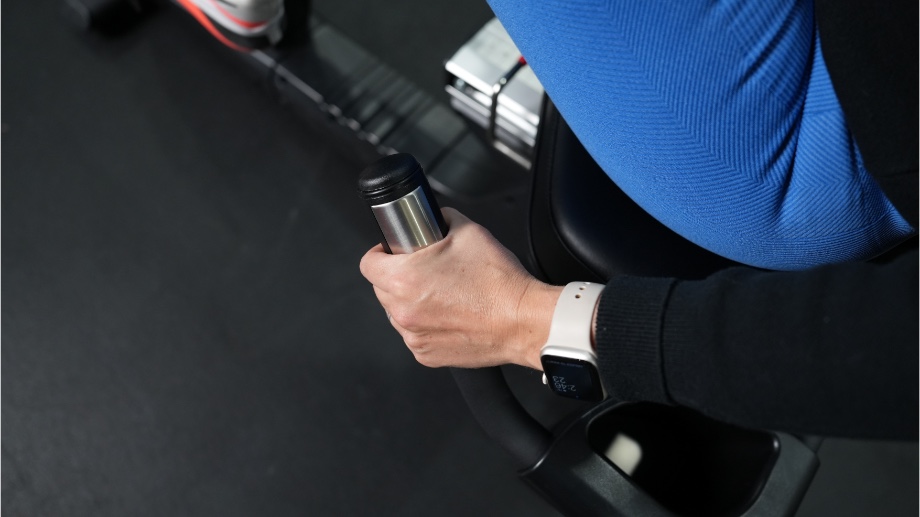 Heart-rate monitor on the handle of a Sole LCR Recumbent Bike.