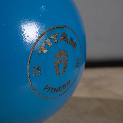 Close-up of a blue 20kg Titan Fitness Competition Style Kettlebell