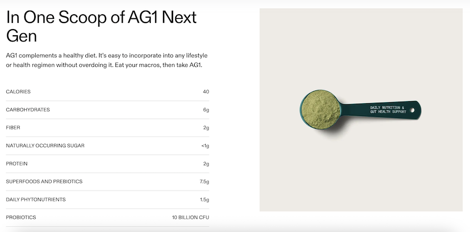 Nutrition facts for one scoop of AG1 Next Gen