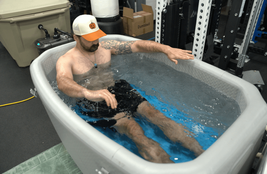 Our tester ready to exit the Plunge Air cold plunge tub